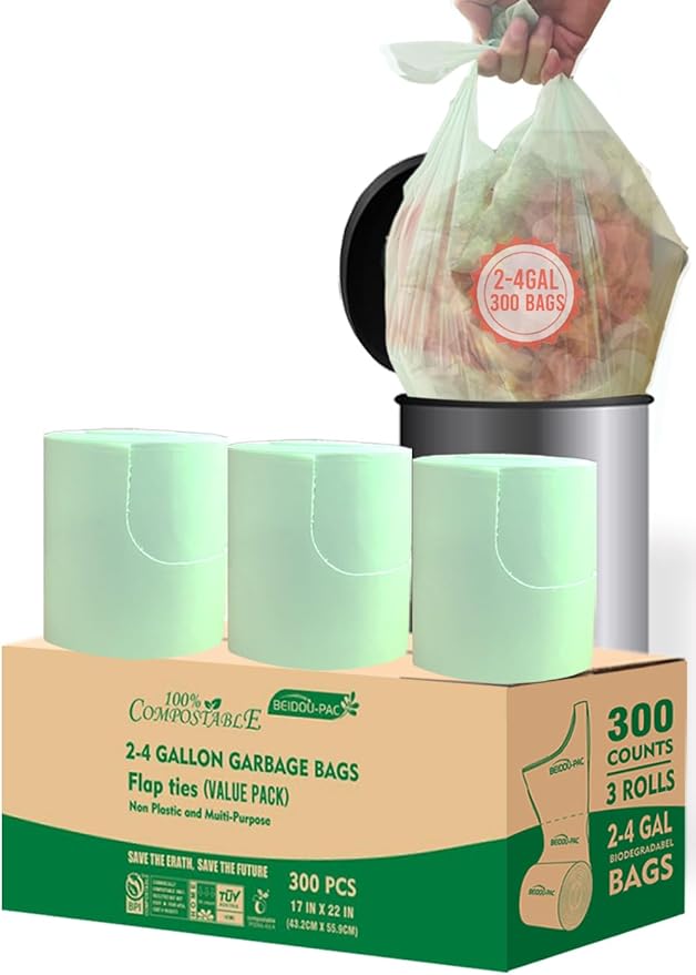 BEIDOU-PAC 3 Gallon Flap Tie Compostable Trash Bags, 300 Count Small Compost Bags, Biodegradable Kitchen Garbage Bags, Food Scrap Waste Bags for Countertop Bin, ASTM D6400, US BPI Certified