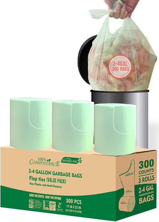 BEIDOU-PAC 3 Gallon Flap Tie Compostable Trash Bags, 300 Count Small Compost Bags, Biodegradable Kitchen Garbage Bags, Food Scrap Waste Bags for Countertop Bin, ASTM D6400, US BPI Certified