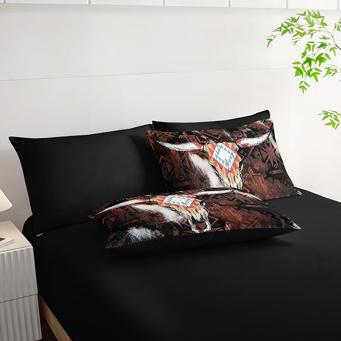 AILONEN Bull Skull Comforter Set Queen Size,7-Piece Cattle Cowhide Cow Print Bed in a Bag,Western Cowboy Comforter & Fitted Sheet with Flat Sheet & 2 Pillowcases,2 Pillow Shams for Bedroom