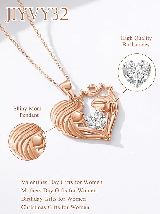 Mother and Daughter/Son Love Heart Necklace White Gold/14K Gold/Rose Gold Birthstone Jewelry Christmas Mothers Day Birthday Gifts For Mom Wife Grandma Women