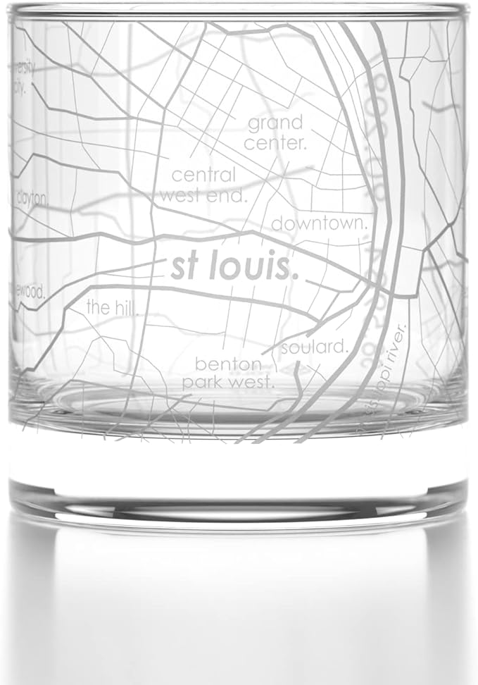 Well Told Engraved St. Louis Missouri Map Rocks Glass, Old Fashioned Whiskey Glass (11 oz, Clear) Etched Whiskey Glass, Gifts For Whiskey Lovers