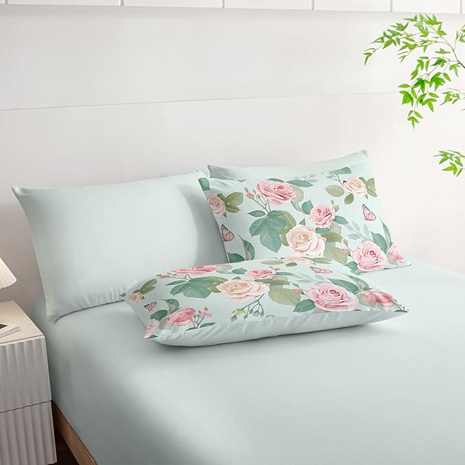 7Pcs Comforter Set Butterfly Flowers Green Leaves Printed Bedding Set with 1 Comforter,1 Flat Sheet,1 Fitted Sheet and 4 Pillowcases for Boys and Girls Bedroom All Season(Full)