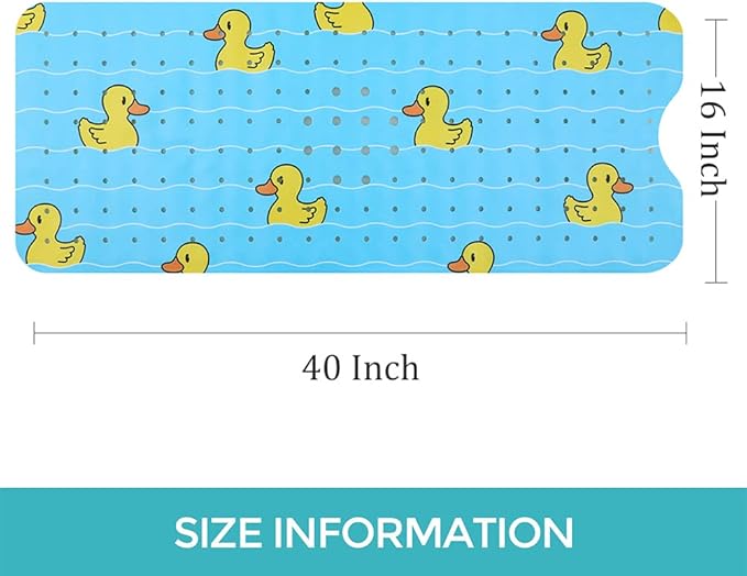 Bathtub Mat Non Slip Shower Mat for Kids Adults & Elderly 40X16 Inch Extra Long Anti Slip Bath Mats for tub Mat with Suction Cups and Drain Holes,Duck