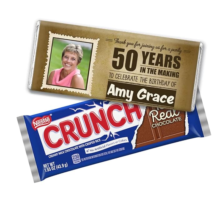 12ct Milestone Party Favors For Adults Candy Crunch Bars, Prewrapped, Personalized labels with Photo (12 Pack) - 50th 60th 70th 80th 90th Birthday