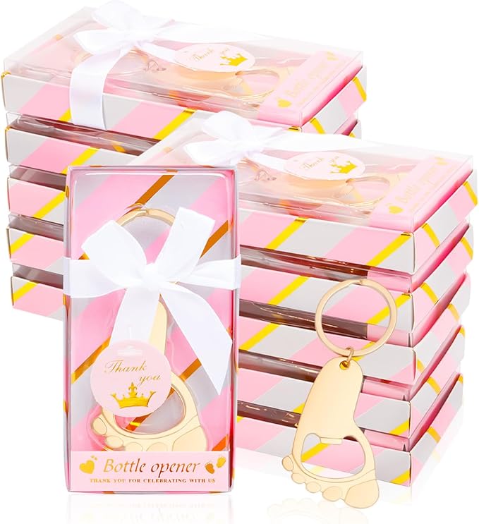 50Pcs Baby Girl Foot Keychain Footprint Bottle Openers Small Foot Bottle Opener Keychain Souvenir for Guests Baby Shower Return Gift for Party Favors with Pink Boxes Gifts or Decorations