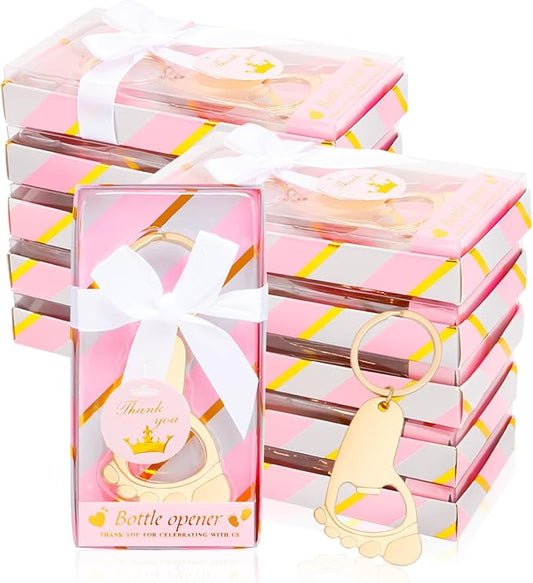 50Pcs Baby Girl Foot Keychain Footprint Bottle Openers Small Foot Bottle Opener Keychain Souvenir for Guests Baby Shower Return Gift for Party Favors with Pink Boxes Gifts or Decorations