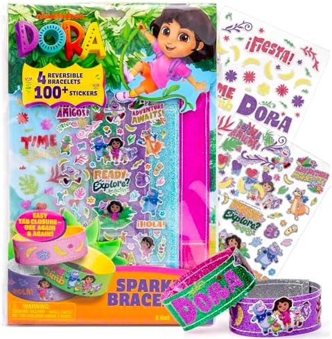 Dora Sparkle Bracelets, Reversible Bracelet Design with Easy Tab Closures, Includes Over 100 Glitter and Puffy Stickers by HorizonGroupUSA