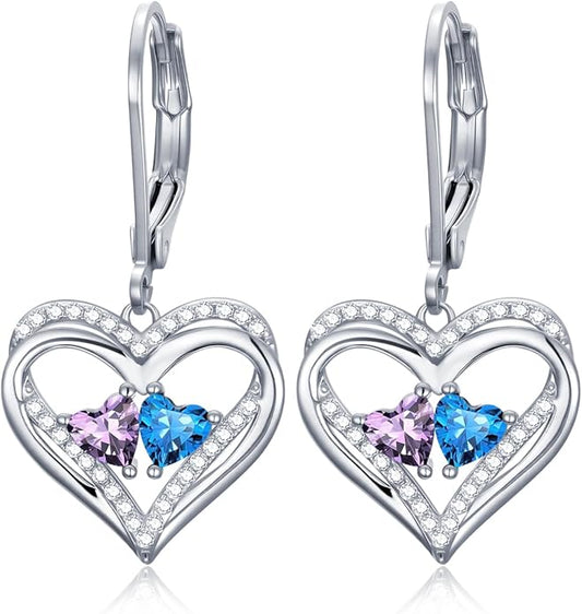 Heart Leverback Earrings Double Birthstone Dangle Earrings for Women, Love Jewelry for Her, Christmas Gifts for Women, Anniversary Birthday Gift for Mom Wife Girlfriend
