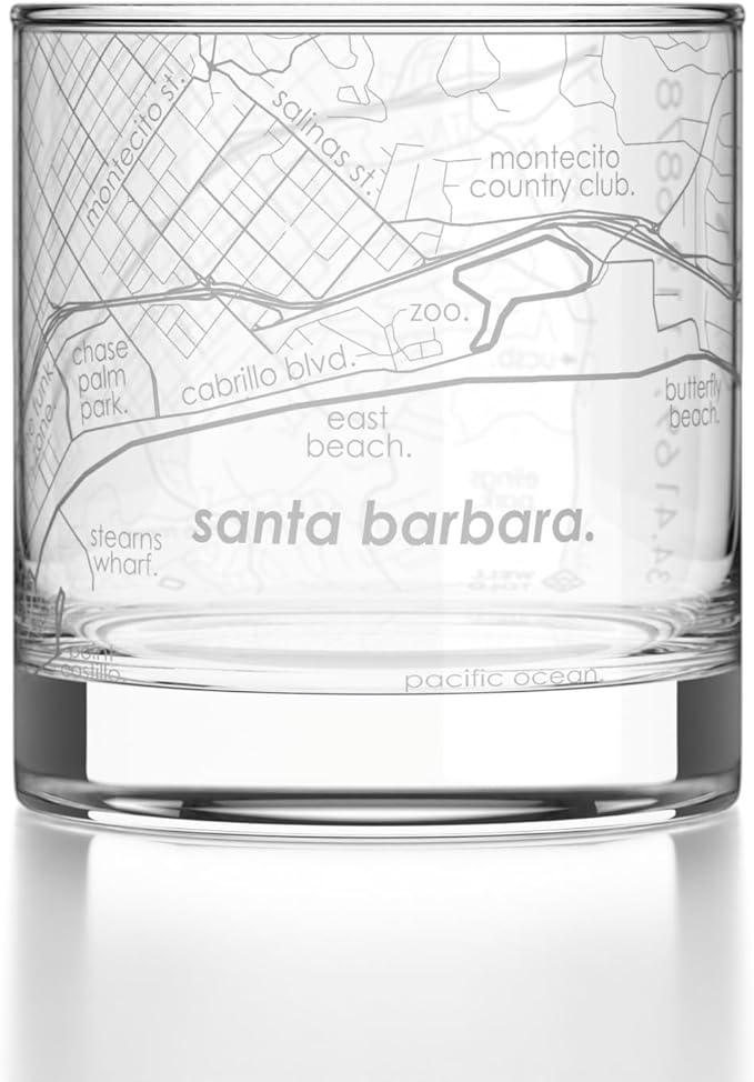 Well Told Engraved Santa Barbara California Map Rocks Glass, Old Fashioned Glassware (11 oz, Clear) Etched Bourbon Tumbler, Gifts For Whiskey Lovers