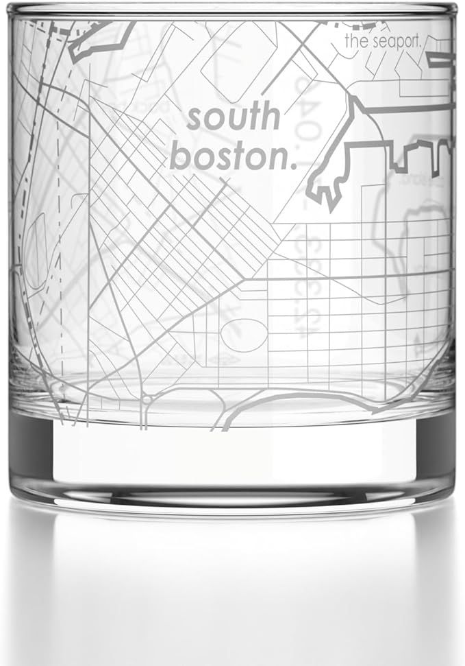 Well Told Engraved South Boston Massachusetts Map Rocks Glass, Old Fashioned Glassware (11 oz, Clear) Etched Bourbon Tumbler, Gifts For Whiskey Lovers