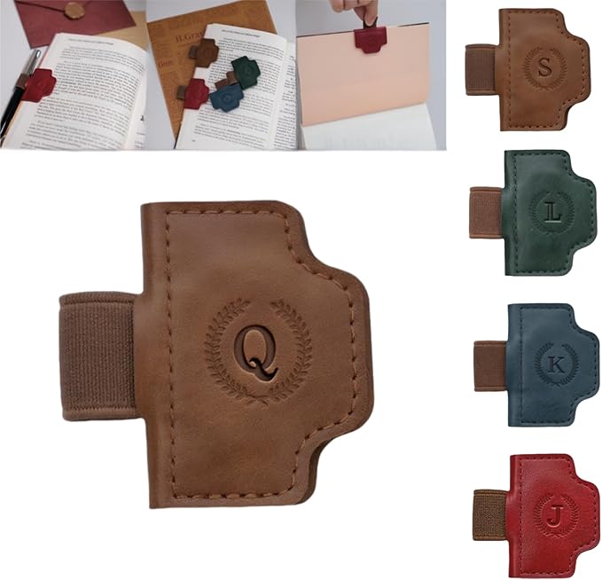 Personalized Magnetic Bygone Mark Bookmark with Pen Holder, 26 Letters Name Initial Custom Leather Book Mark for Women, Gifts for Book Lovers and Readers (Brown,Q)