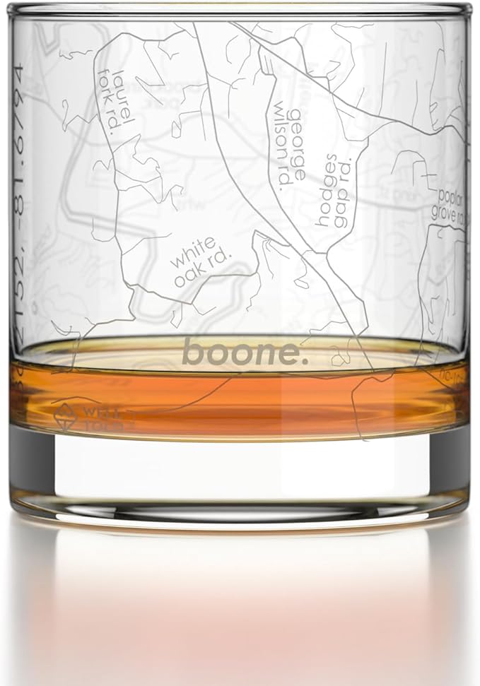 Well Told Engraved Boone North Carolina Map Rocks Glass, Old Fashioned Glassware (11 oz, Clear) Etched Bourbon Tumbler, Gifts For Whiskey Lovers