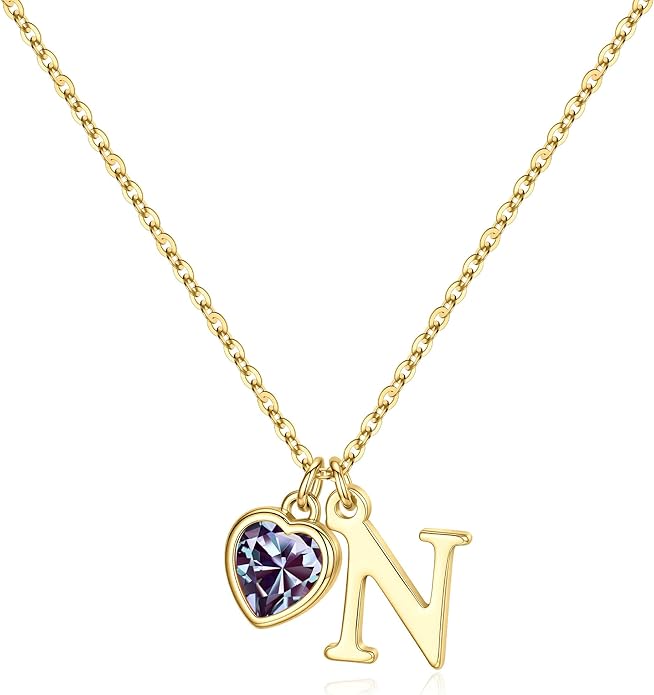 Turandoss Valentines Day Gifts for Her Trendy, Dainty 14K Gold Plated Initial A-Z Heart Birthstone Pendant Necklace Personalized Bridesmaid Birthday Valentines Jewelry Gifts for Women Girls