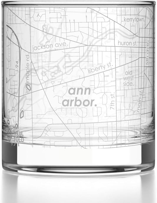 Well Told Engraved Ann Arbor Michigan Map Rocks Glass, Old Fashioned Glassware (11 oz, Clear) Etched Bourbon Tumbler, Gifts For Whiskey Lovers