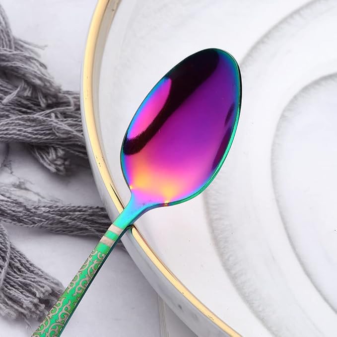 Rainbow Unique Pattern Design Coffee Espresso Spoons Mini, Mingcheng Stainless Steel Small Teaspoons Silverware Set of 6, BISDARUN 5.5 Inches Food Spoons for Demitasse Dessert Tea