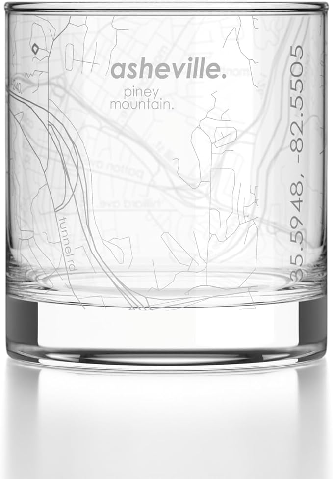 Well Told Engraved Asheville North Carolina Map Rocks Glass, Old Fashioned Glassware (11 oz, Clear) Etched Bourbon Tumbler, Gifts For Whiskey Lovers