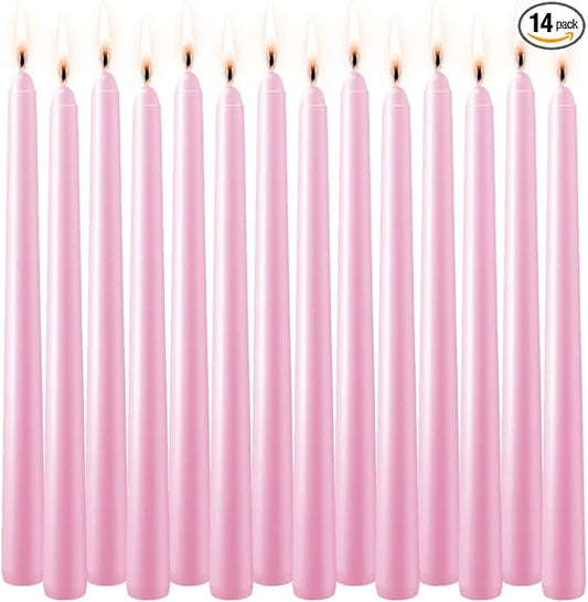 Set of 14 Pink Taper Candles, 7-8 Hours Burn Time, Unscented, Smokeless and Dripless, 4/5 x 10 Inch Dinner Candle Set for Valentine's Day,Household, Wedding, Party and Home Décor Candlesticks