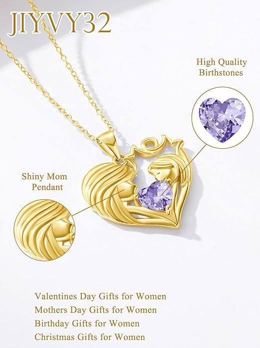 Mother and Daughter/Son Love Heart Necklace White Gold/14K Gold/Rose Gold Birthstone Jewelry Christmas Mothers Day Birthday Gifts For Mom Wife Grandma Women