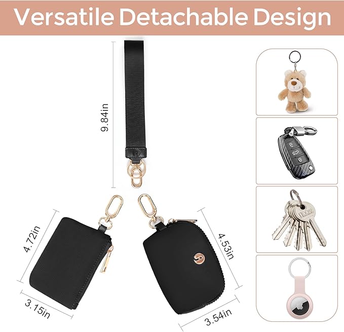 Dual Pouch Wristlet Keychain Wallet with 2 Wrist Straps - Small and Portable Mini Zipper Coin Purse Card Wallets for Women Men Gold Hardware Navy+Ice Blue