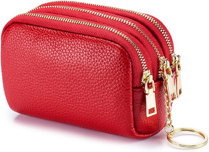 LINNO 3 Zippered Genuine Leather Coin Purse Triple Capacity Change Pouch Little Travel Wallet With Key Ring for Women