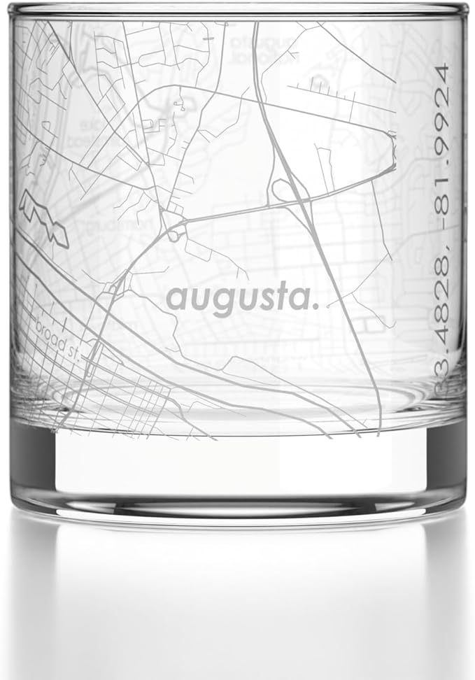Well Told Engraved Augusta Georgia Map Rocks Glass, Old Fashioned Glassware (11 oz, Clear) Etched Bourbon Tumbler, Gifts For Whiskey Lovers