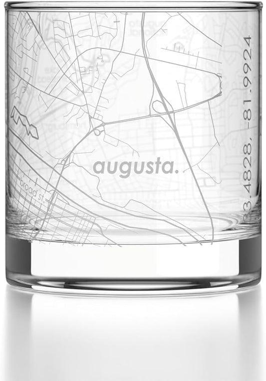 Well Told Engraved Augusta Georgia Map Rocks Glass, Old Fashioned Glassware (11 oz, Clear) Etched Bourbon Tumbler, Gifts For Whiskey Lovers