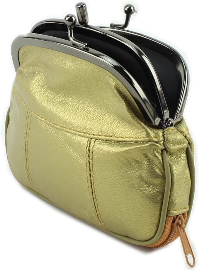 Leather Impressions Double Coin Purse for Women - Genuine Leather Coin Purse with Twist Clasp, 1 zipper pocket, 1 pack lightweight - Timeless clean stitched Small Coin Purse (Gold)