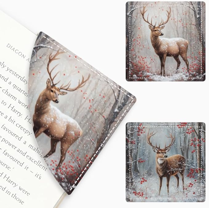 2PCS Leather Bookmarks 3.54 x 3.54 Inch Winter Deer with Red Berries Snow Forest Design Reading Accessories for Books Journals Bibles Travel Diary Students Teachers and Book Lovers Gift