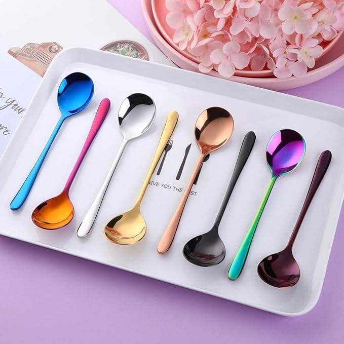 Buyer Star Teaspoons 5.5-Inch Mini Coffee Spoons Stainless Steel Sugar Demitasse Espresso Spoons (8 color-round spoons)