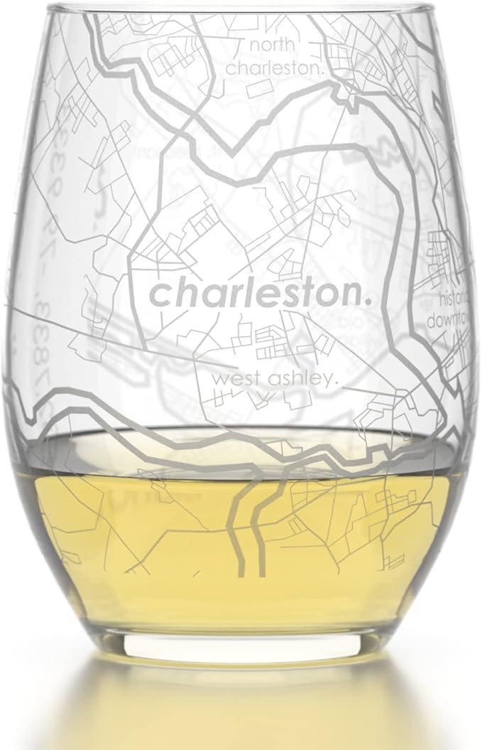 Well Told Engraved Charleston South Carolina Map Stemless Wine Glass, Etched Glassware (15 oz, Clear) City Map Gift, Custom Barware, Gifts for Wine Lovers