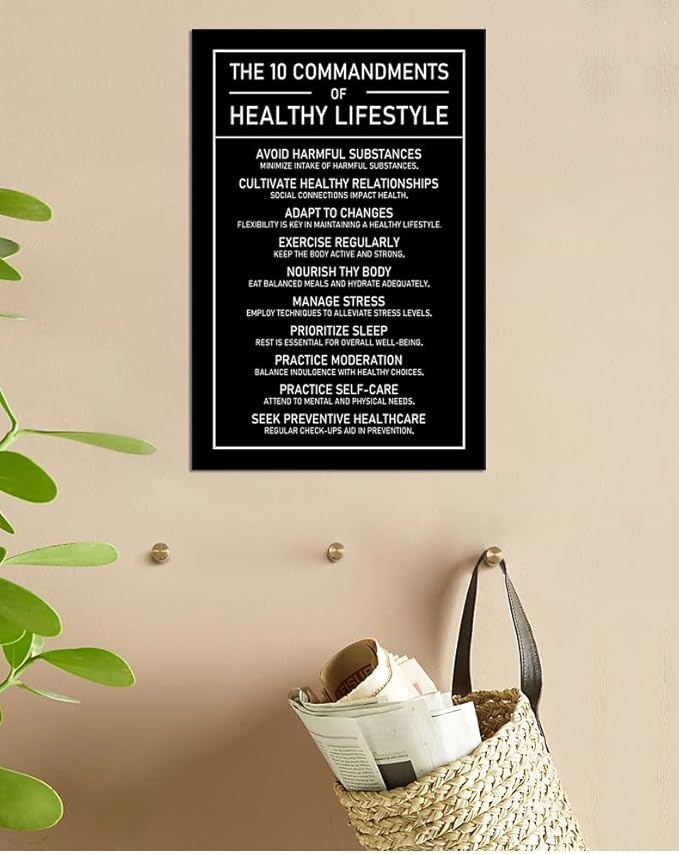 The 10 Commandments Of Healthy Lifestyle Motivational Canvas Wall Art Inspirational Exercise Healthy Growth Quote Poster Painting Prints for Office Living Room Home Decor Framed Artwork[12''W x 18''H]