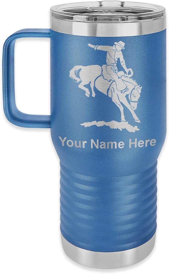 LaserGram 20oz Vacuum Insulated Travel Mug with Handle, Bronco Rider, Personalized Engraving Included (Dark Blue)