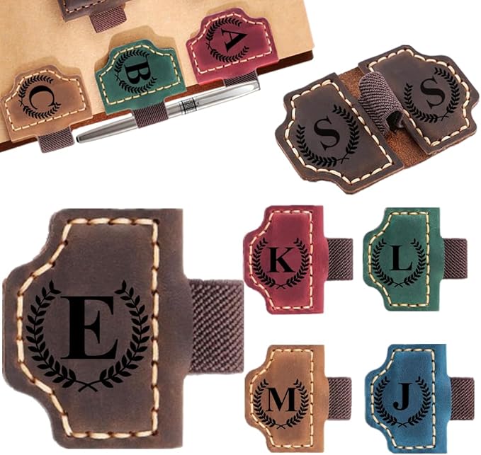 Custom Bookmark with Pen Holder with 26 Letters Personalized Magnetic Leather Book Mark, Customized Name Book Marker Clip with Initial for Men Women, Gifts for Book Lovers, Readers, (Coffee, E)