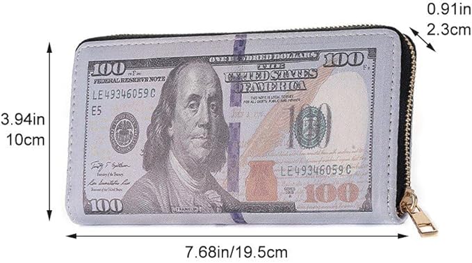 Money Printed Wallet with Zipper Funny Coin Bag Credit Card Holder Cash Storage Purse for Men and Women