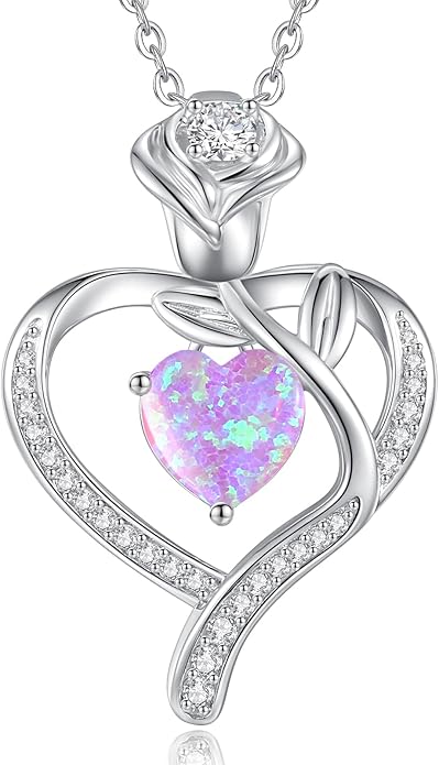 LOUISA SECRET Rose Flower Heart Birthstone Necklaces for Women, 925 Sterling Silver Fine Jewelry, Pendant Heart Necklaces Birthday Anniversary Christmas Gift for Women Wife Mom Girlfriend Lady
