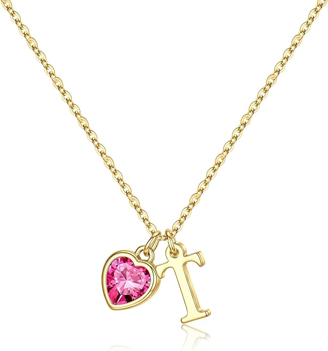 Turandoss Valentines Day Gifts for Her Trendy, Dainty 14K Gold Plated Initial A-Z Heart Birthstone Pendant Necklace Personalized Bridesmaid Birthday Valentines Jewelry Gifts for Women Girls