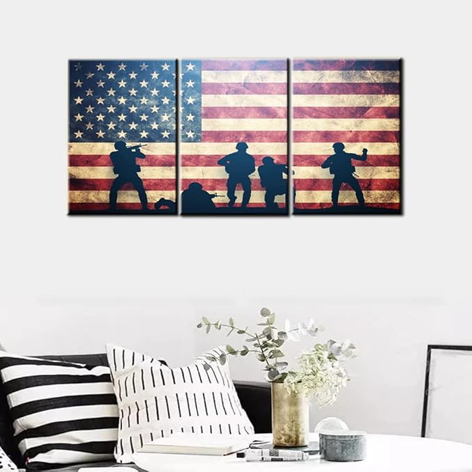 Native American Flag Pictures Soldier Silhouette Paintings Patriotic Wall Art Red Artwork 3 Piece Prints on Canvas Living Room House Decorations Framed Gallery-Wrapped Ready to Hang(42''Wx20''H)