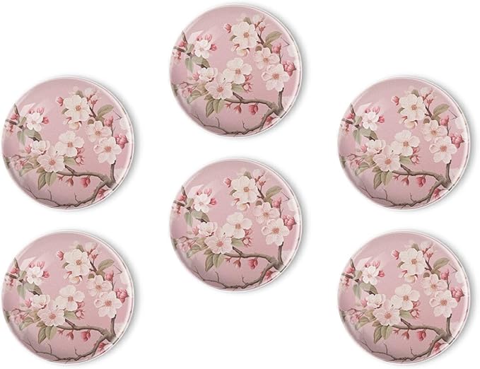 Fridge Magnets 6 Pcs Cherry Blossom Mural in The Style of Traditional Chinese Painting Round Strong Magnetic Glass Small Refrigerator Magnet,Home Decoration for Whiteboards,Classrooms,Cabinet