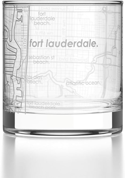Well Told Engraved Fort Lauderdale Florida Map Rocks Glass, Old Fashioned Glassware (11 oz, Clear) Etched Bourbon Tumbler, Gifts For Whiskey Lovers
