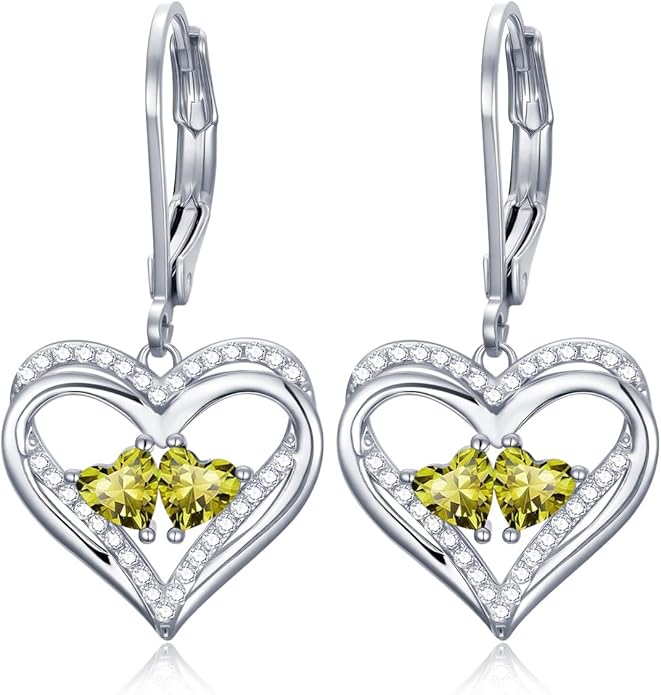 Heart Leverback Earrings Double Birthstone Dangle Earrings for Women, Love Jewelry for Her, Christmas Gifts for Women, Anniversary Birthday Gift for Mom Wife Girlfriend