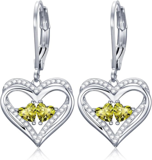 Heart Leverback Earrings Double Birthstone Dangle Earrings for Women, Love Jewelry for Her, Christmas Gifts for Women, Anniversary Birthday Gift for Mom Wife Girlfriend