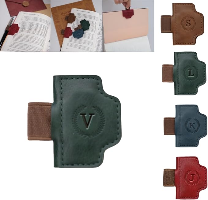 Personalized Magnetic Bygone Mark Bookmark with Pen Holder, 26 Letters Name Initial Custom Leather Book Mark for Women, Gifts for Book Lovers and Readers (Green,V)