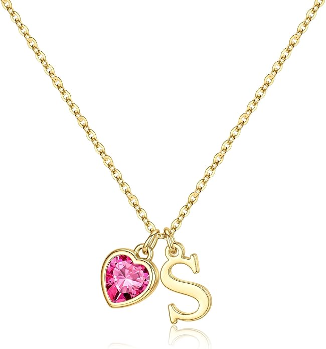 Turandoss Valentines Day Gifts for Her Trendy, Dainty 14K Gold Plated Initial A-Z Heart Birthstone Pendant Necklace Personalized Bridesmaid Birthday Valentines Jewelry Gifts for Women Girls