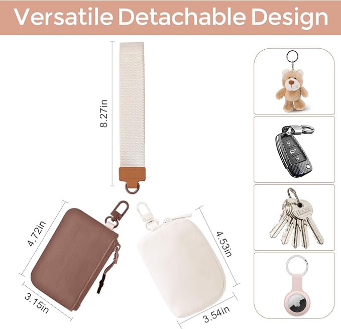 Dual Pouch Wristlet Keychain Wallets for Women with 2 Detachable Zipper Coin Purse - Small and Portable Mini Card Wallet for Women Men Brown+Beige