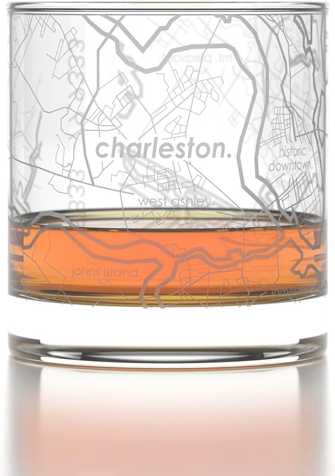 Well Told Engraved Charleston South Carolina Map Rocks Glass, Old Fashioned Whiskey Glass (11 oz, Clear) Etched Whiskey Glass, Gifts For Whiskey Lovers