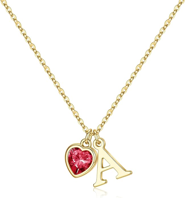 Turandoss Valentines Day Gifts for Her Trendy, Dainty 14K Gold Plated Initial A-Z Heart Birthstone Pendant Necklace Personalized Bridesmaid Birthday Valentines Jewelry Gifts for Women Girls