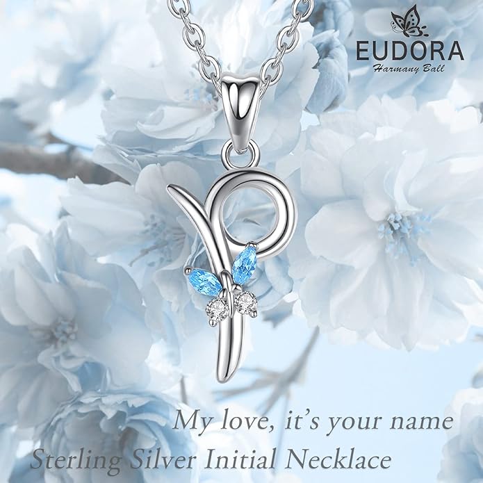 EUDORA Sterling Silver Butterfly Initial Necklaces for Women, Elegant Letter Neckles Personalized Gift for Mother, Sister, Daughter, 18 inch Chai