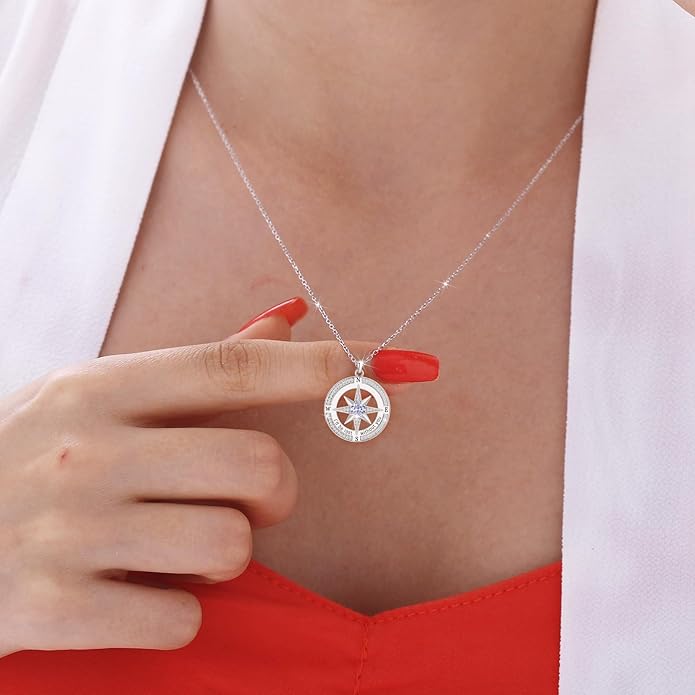 S925 Necklace Birthstone Compass Gift for Women Jewelry Sterling Silver Necklace for Wife Wedding Anniversary Girlfriend Birthday Gifts for Her Valentines Day Mom Mothers Day