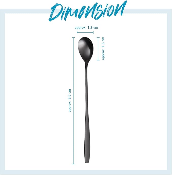 GRÄWE Long Handle Iced Tea Spoon, Coffee Spoon, Ice Cream Spoon, Spoons for desserts, Stainless Steel, Cocktail Stirring Spoons, Set of 6, Dishwasher Safe, Black