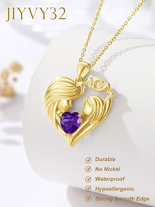 Mother and Daughter/Son Love Heart Necklace White Gold/14K Gold/Rose Gold Birthstone Jewelry Christmas Mothers Day Birthday Gifts For Mom Wife Grandma Women
